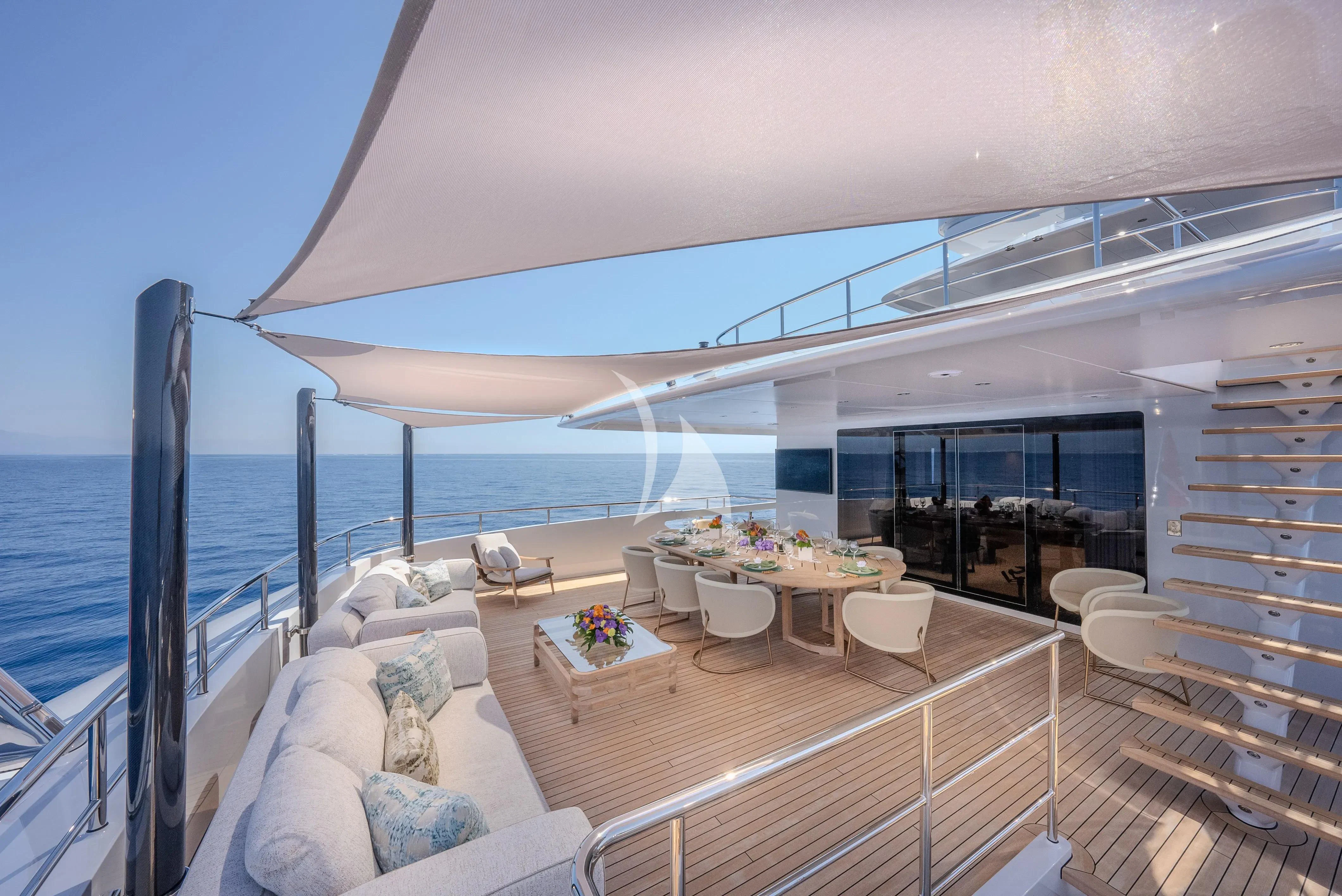 a large balcony overlooking the ocean aboard RELIANCE Yacht for Sale