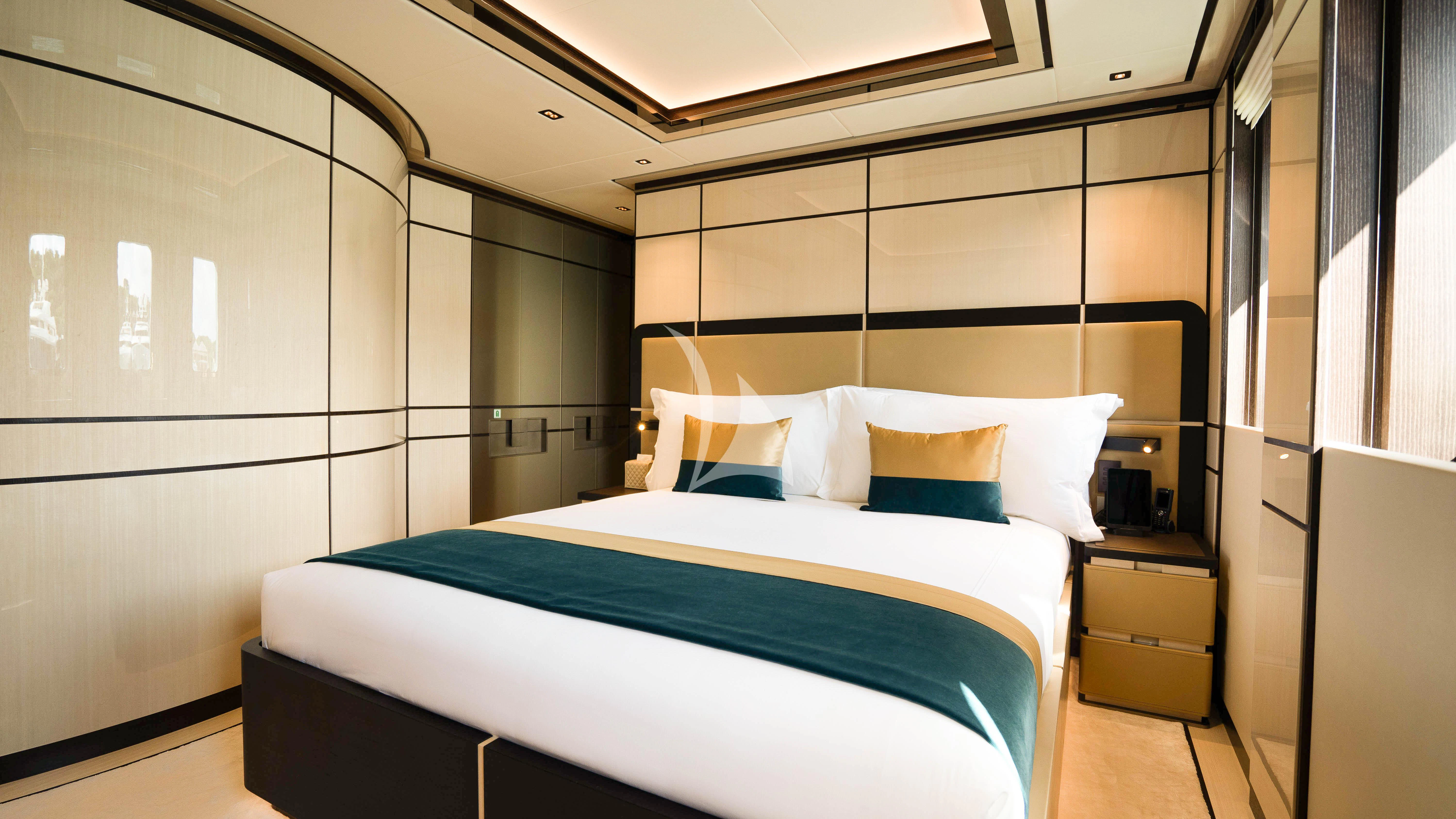 a bed in a room aboard RELIANCE Yacht for Sale