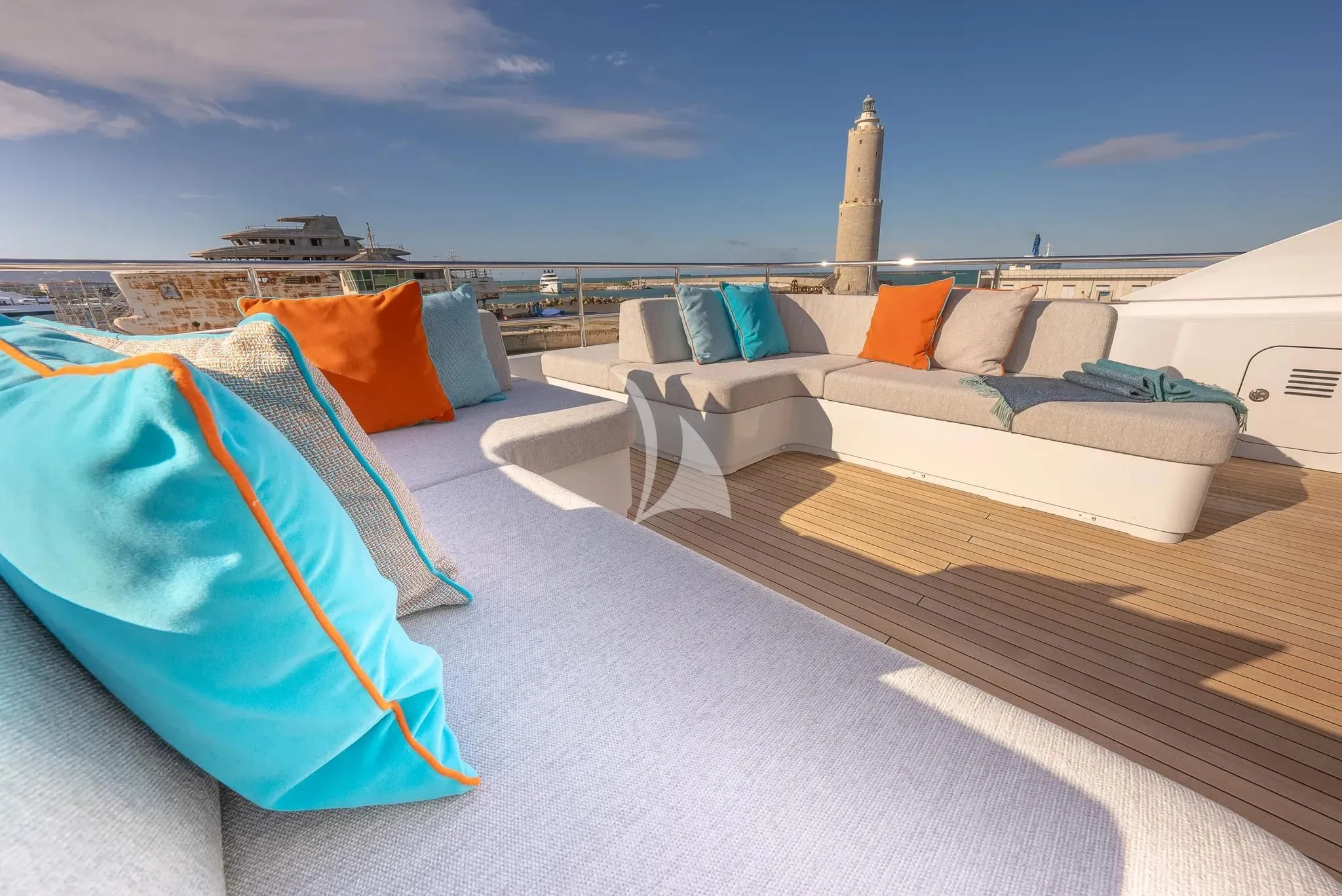 a group of beds on a beach aboard RELIANCE Yacht for Sale