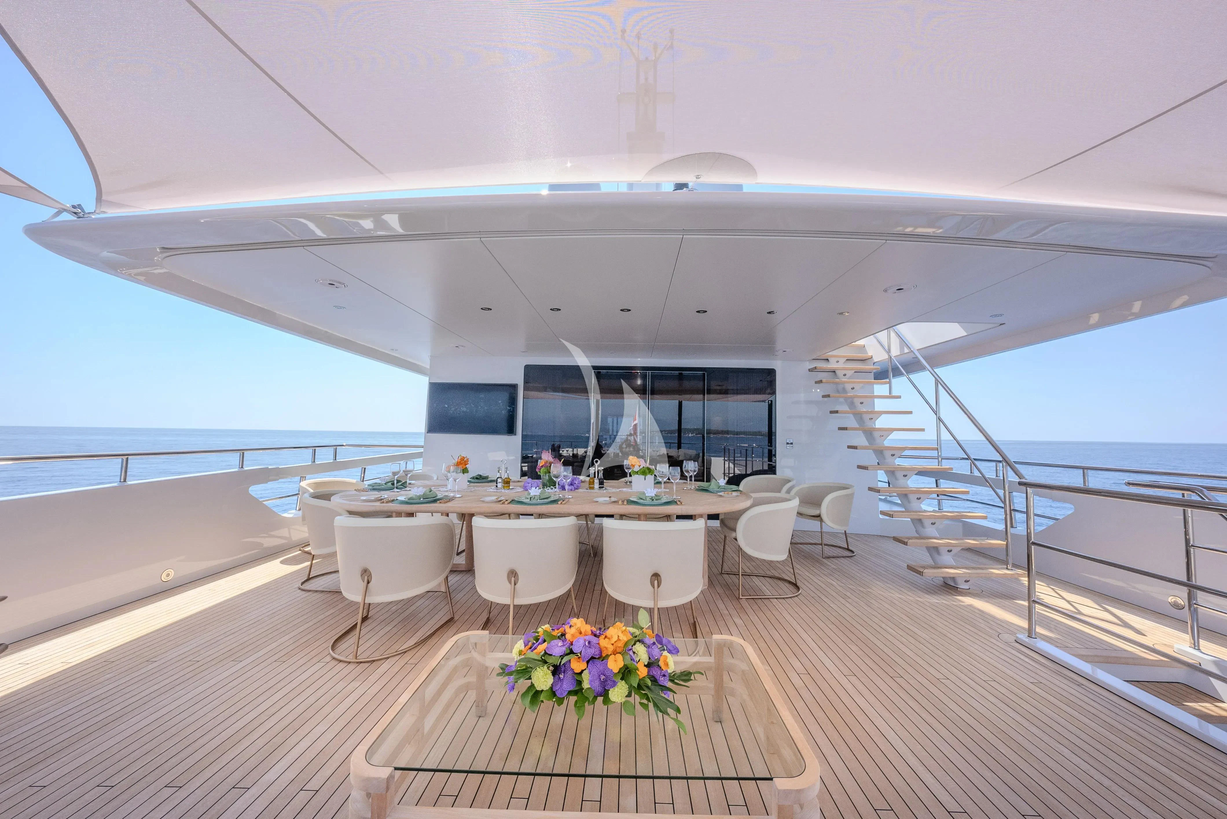 a room with a table and chairs aboard RELIANCE Yacht for Sale