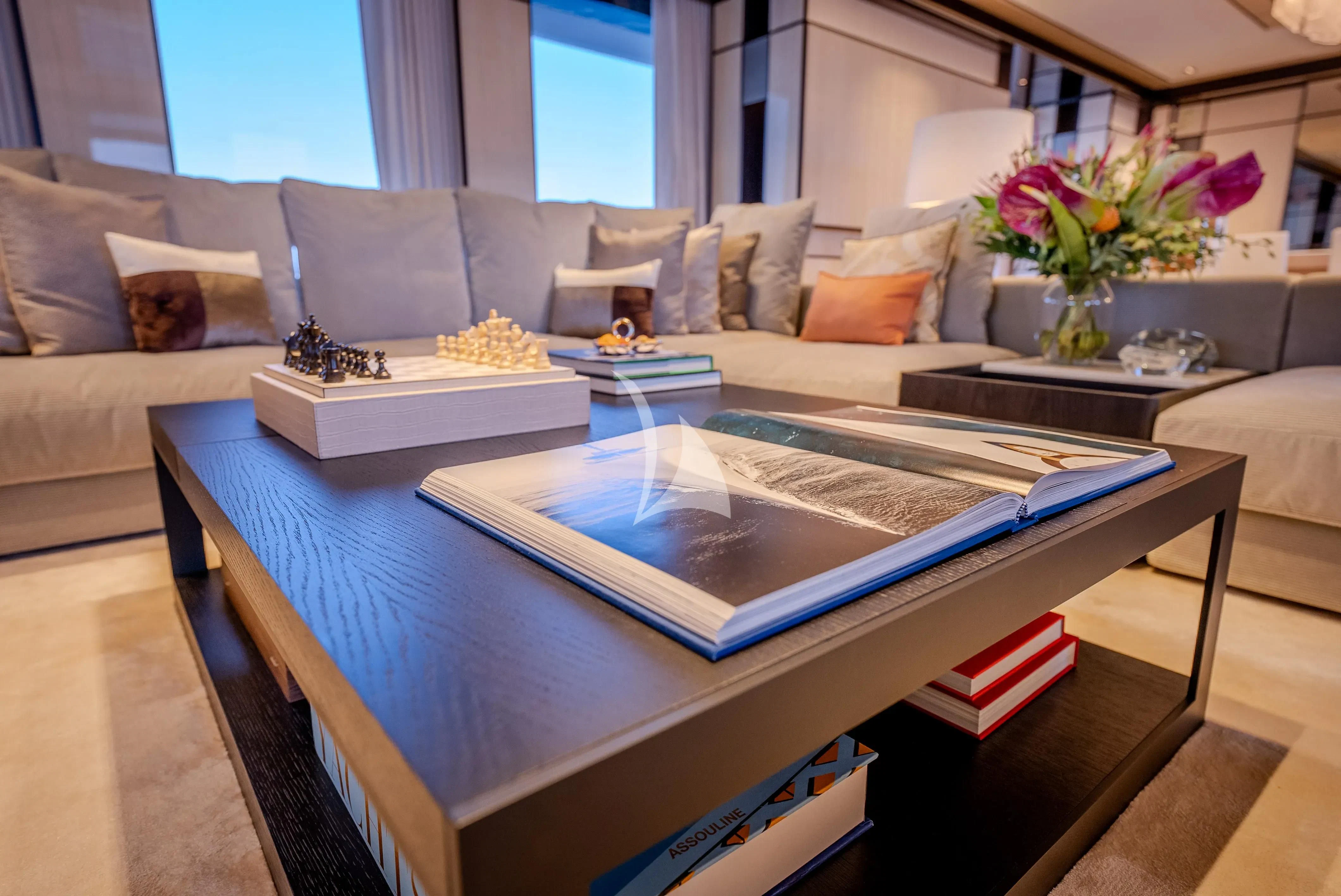 a pool table in a living room aboard RELIANCE Yacht for Sale