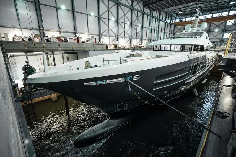 a boat in a large building aboard RELIANCE Yacht for Sale