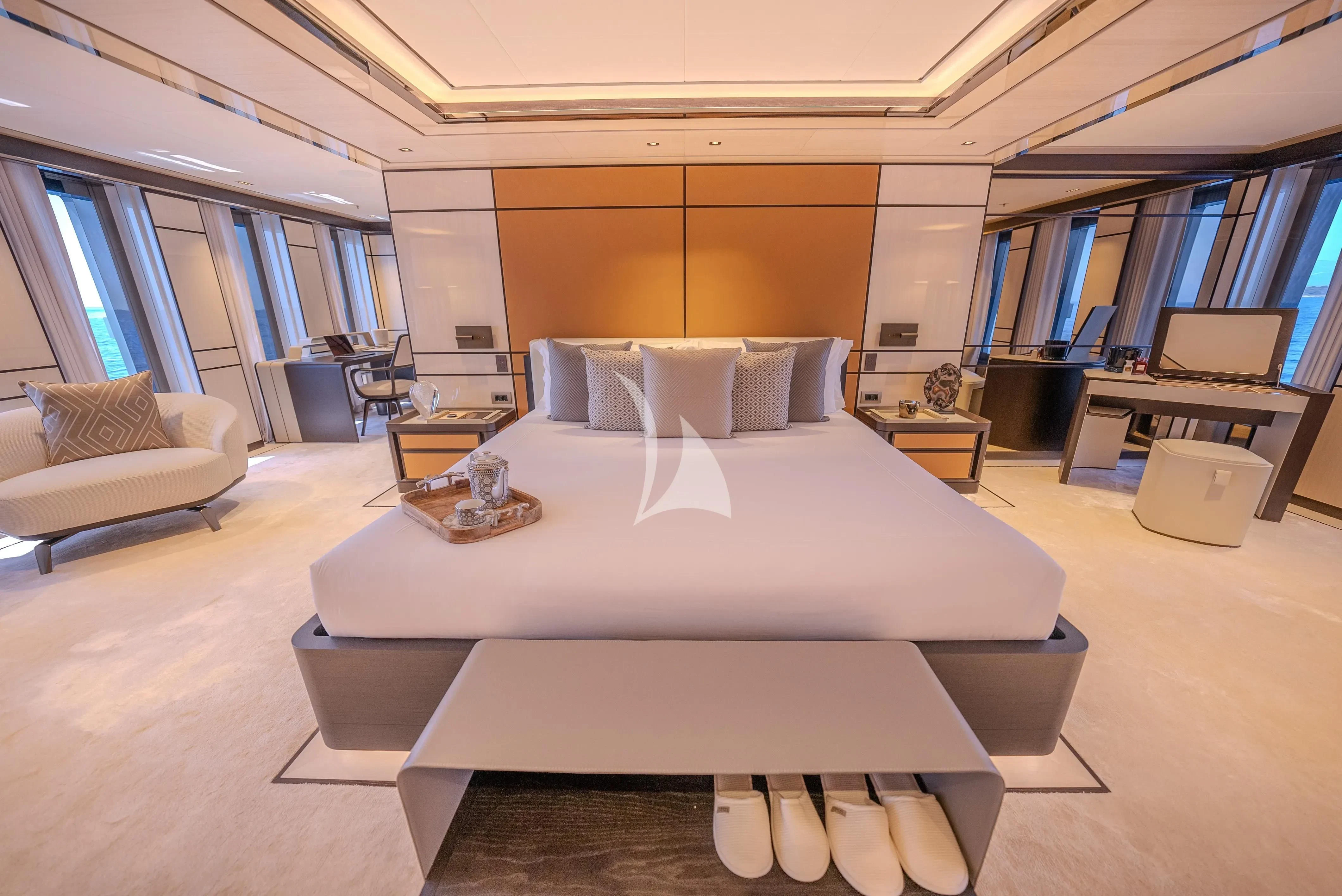 a large bed in a room aboard RELIANCE Yacht for Sale