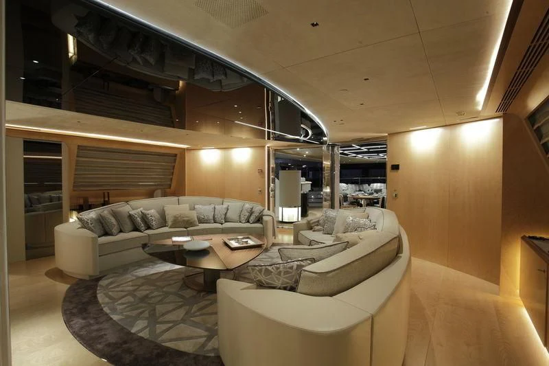 a modern looking living room aboard SEVEN Yacht for Sale