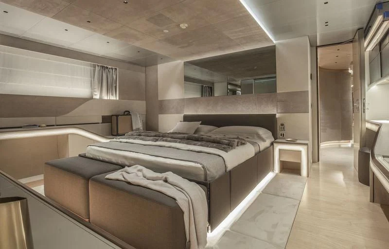a bed in a room aboard SEVEN Yacht for Sale