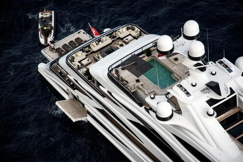 a space ship with a satellite aboard LIONHEART Yacht for Sale
