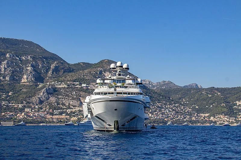 a large ship in the water aboard LIONHEART Yacht for Sale