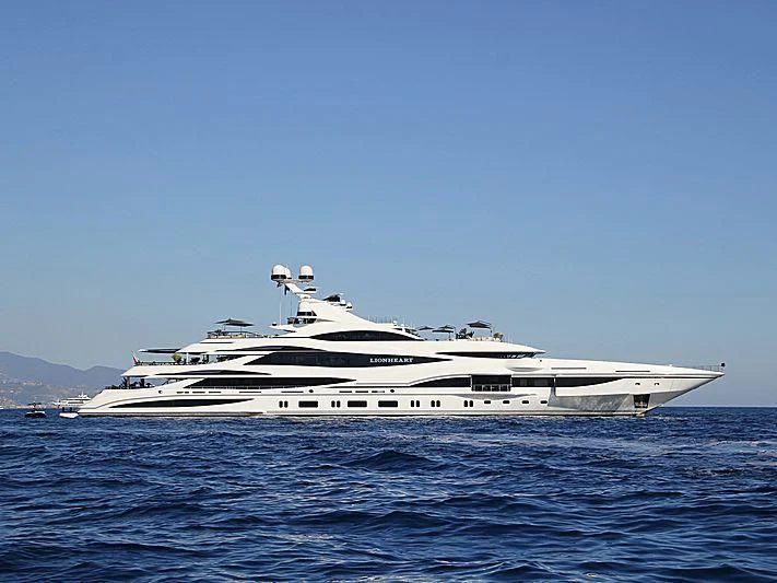 a large white yacht in the water aboard LIONHEART Yacht for Sale