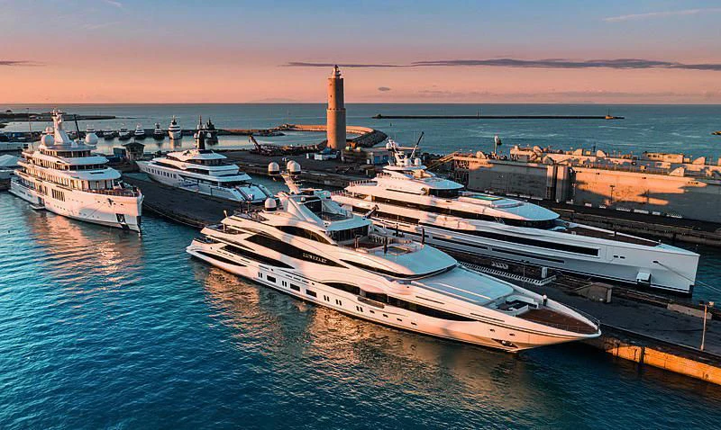 a group of boats in a harbor aboard LIONHEART Yacht for Sale