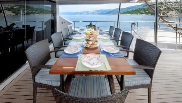 a table with food on it aboard ORYX Yacht for Sale