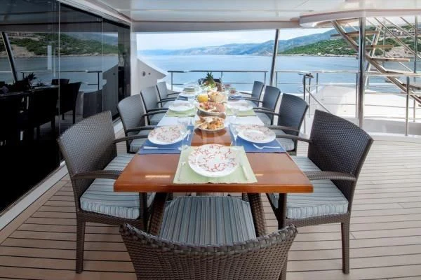 a table with food on it aboard ORYX Yacht for Sale