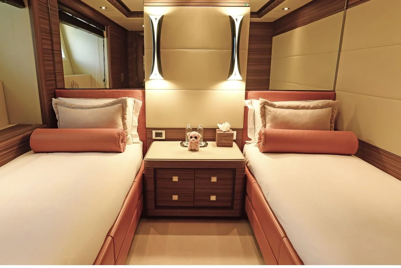 a room with two beds aboard ORYX Yacht for Sale