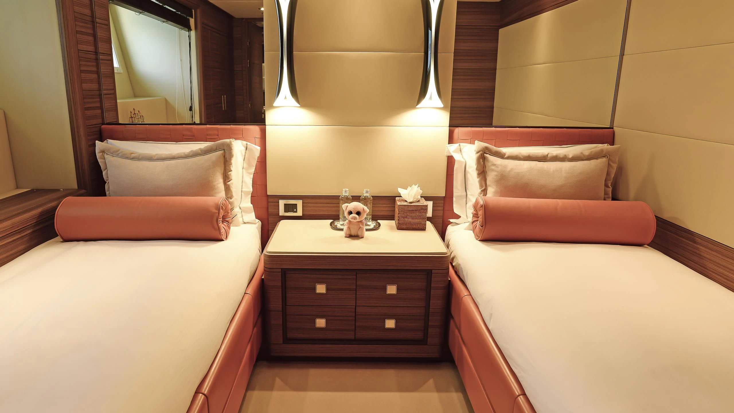 a room with two beds aboard ORYX Yacht for Sale