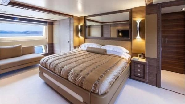 a bed in a room aboard ORYX Yacht for Sale