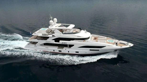 a white yacht on the water aboard ORYX Yacht for Sale