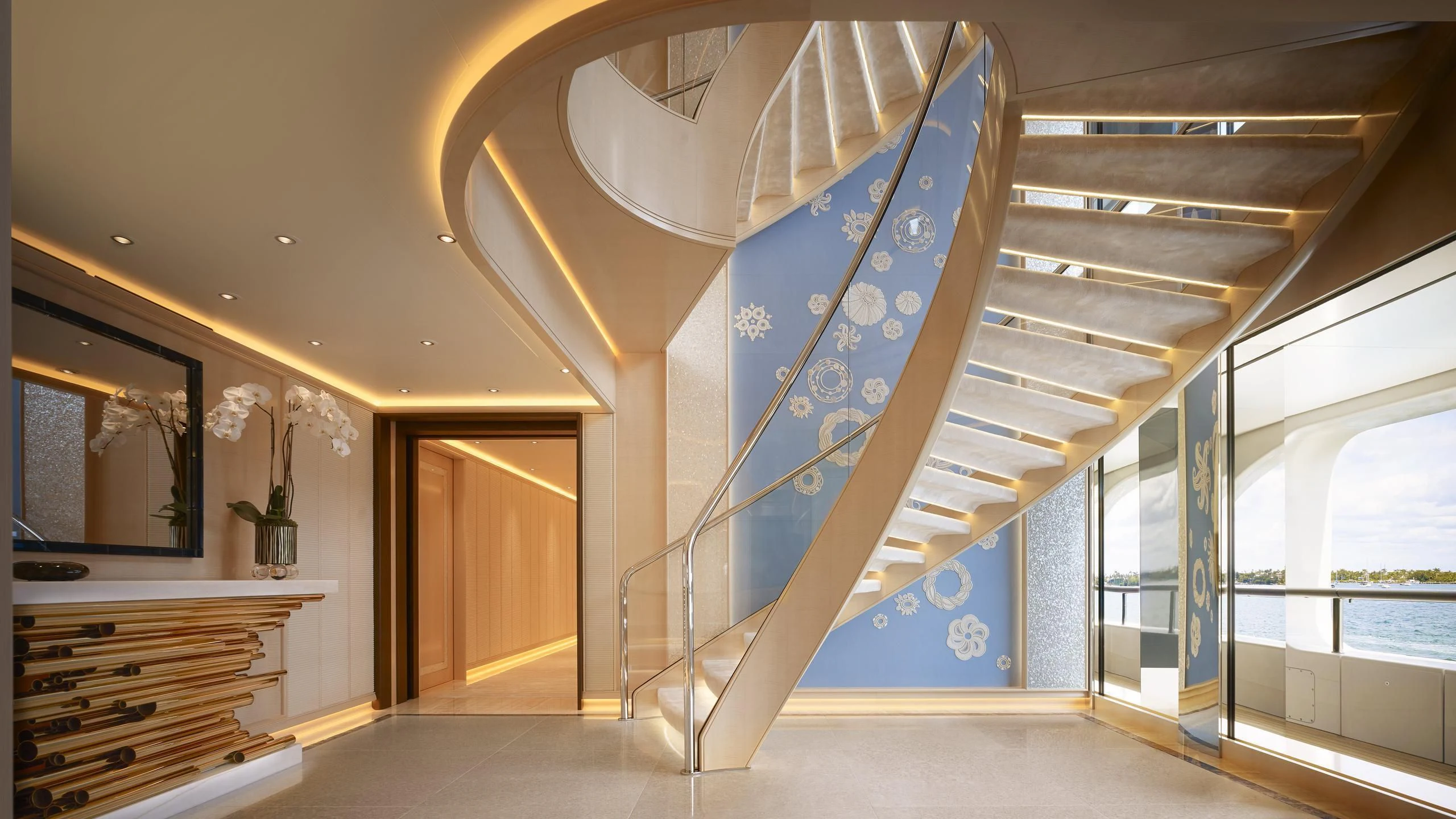 a staircase in a building aboard AQUARIUS Yacht for Sale
