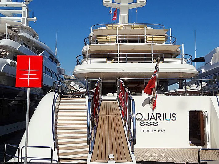 a boat on a dock aboard AQUARIUS Yacht for Sale