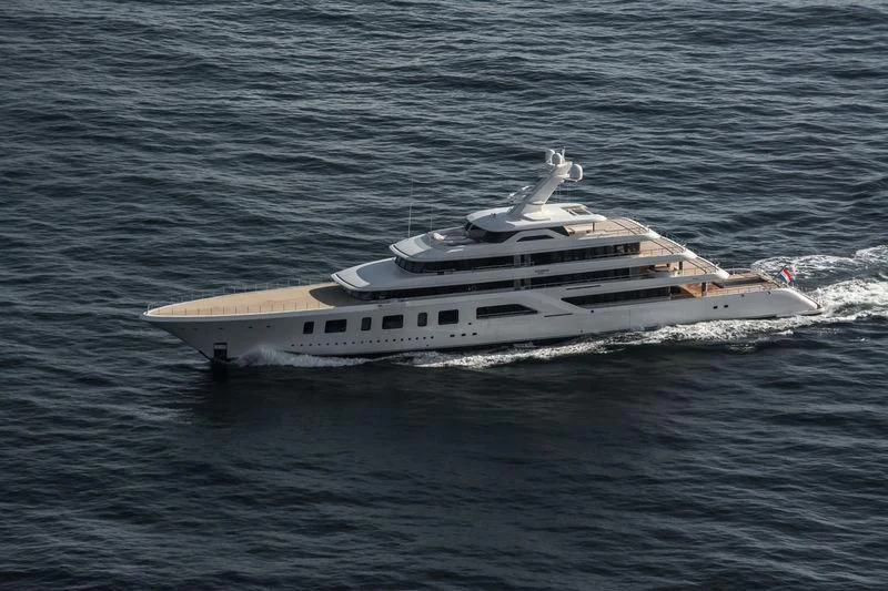 a white yacht in the water aboard AQUARIUS Yacht for Sale