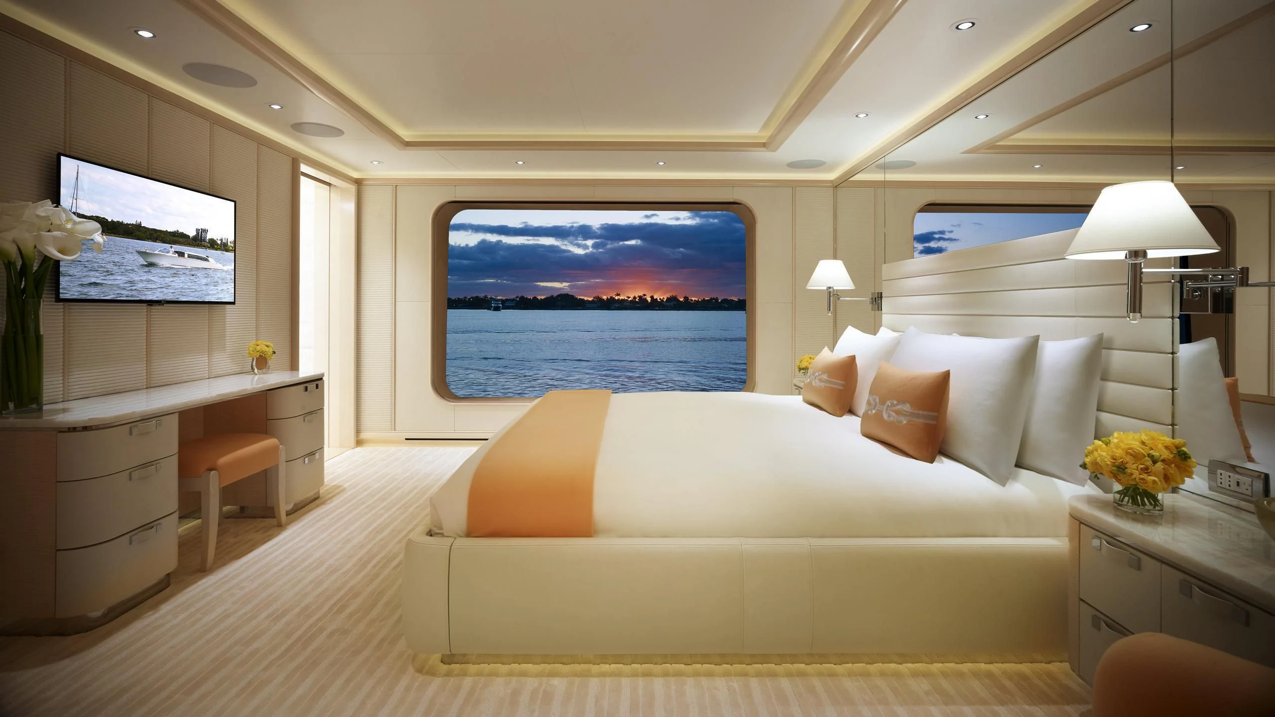 a large bedroom with a large bed aboard AQUARIUS Yacht for Sale
