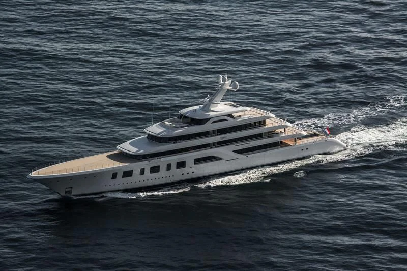 a white yacht in the water aboard AQUARIUS Yacht for Sale