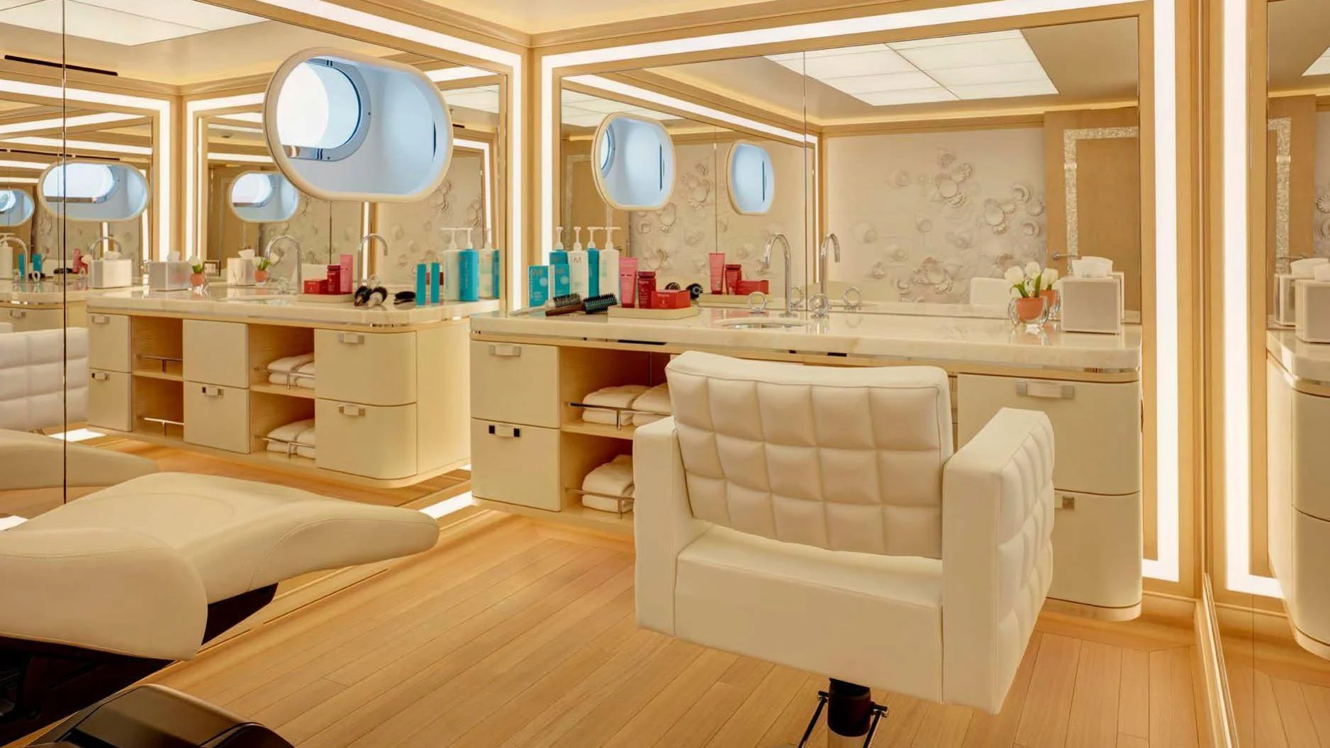 a room with a bed and a mirror aboard AQUARIUS Yacht for Sale