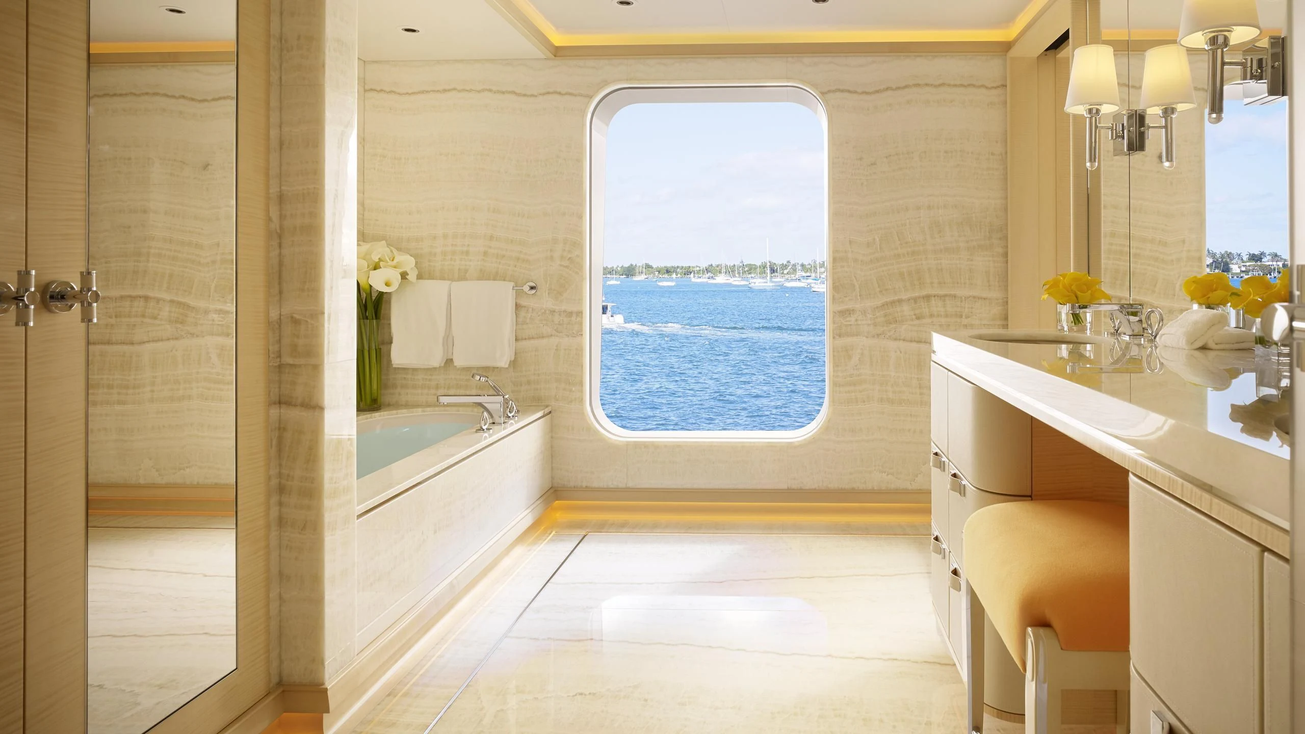 a bathroom with a large window aboard AQUARIUS Yacht for Sale
