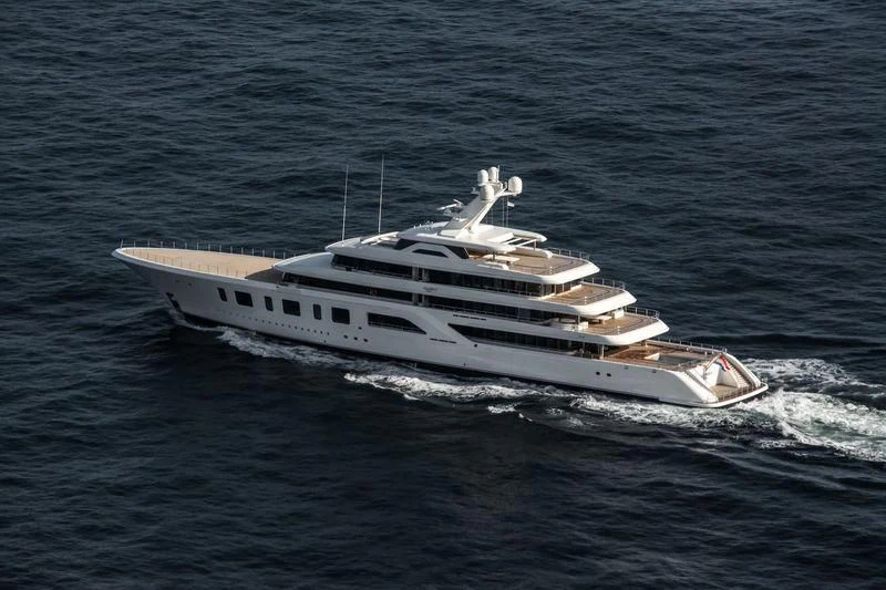 a white yacht in the water aboard AQUARIUS Yacht for Sale