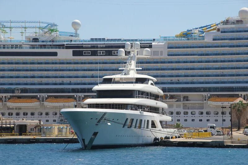 a cruise ship in the water aboard AQUARIUS Yacht for Sale