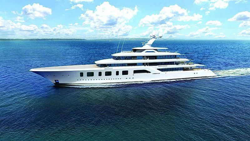 a white yacht in the water aboard AQUARIUS Yacht for Sale