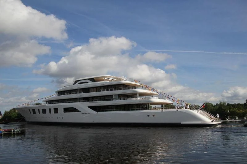 a large cruise ship on the water aboard AQUARIUS Yacht for Sale