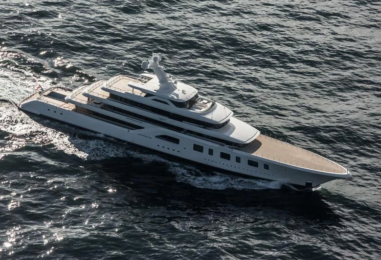 a white yacht in the water aboard AQUARIUS Yacht for Sale