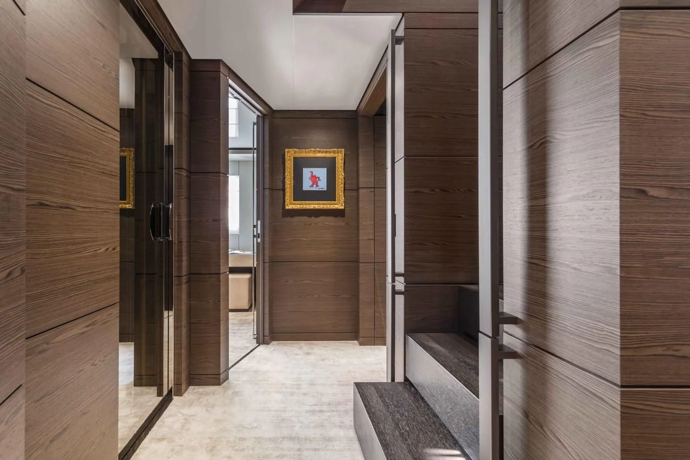 a hallway with wood walls aboard NIMIR Yacht for Sale