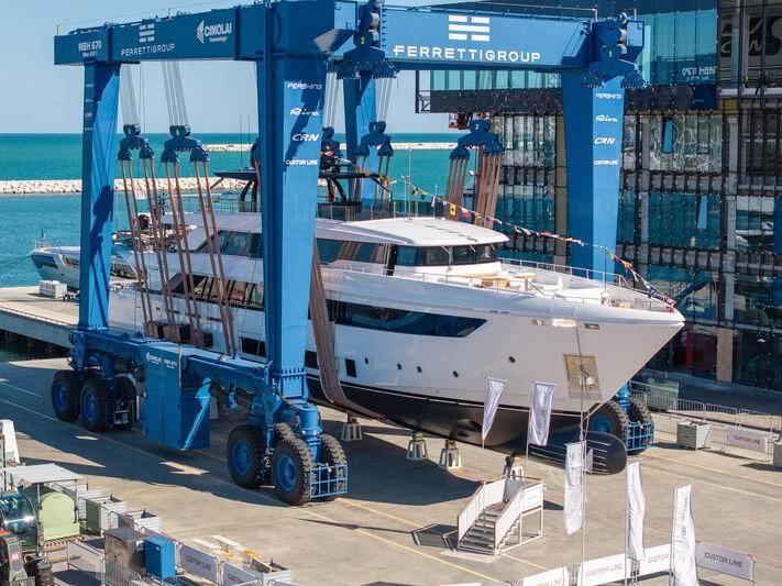 a large white boat in a large warehouse aboard NIMIR Yacht for Sale