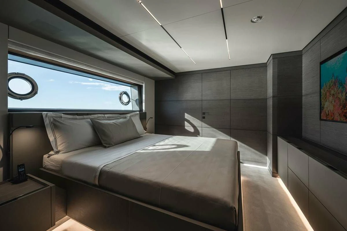 a room with a bed and a window aboard NIMIR Yacht for Sale