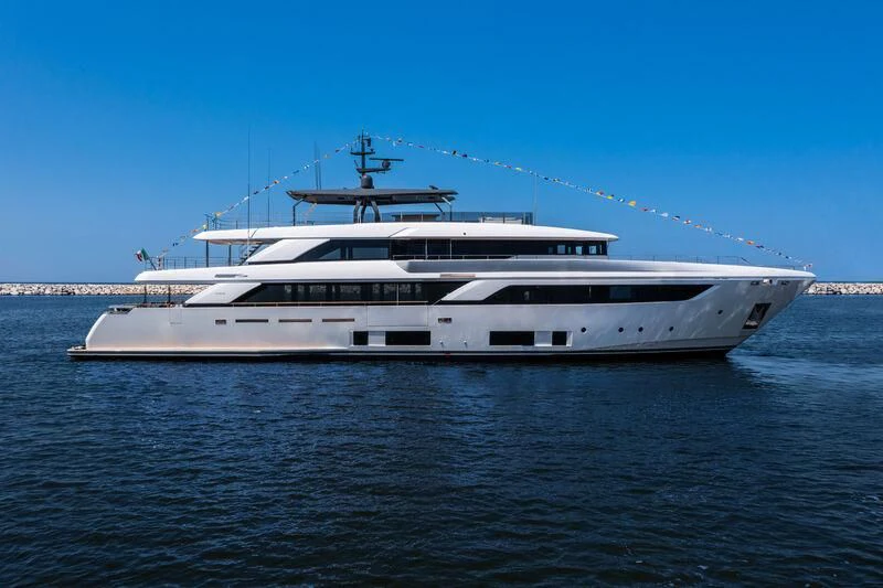 a large white yacht in the water aboard NIMIR Yacht for Sale