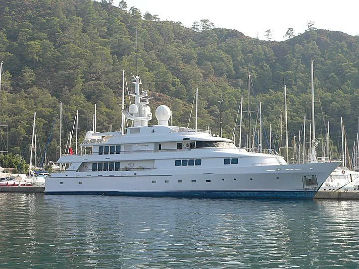 a large white boat in the water aboard VERA Yacht for Sale