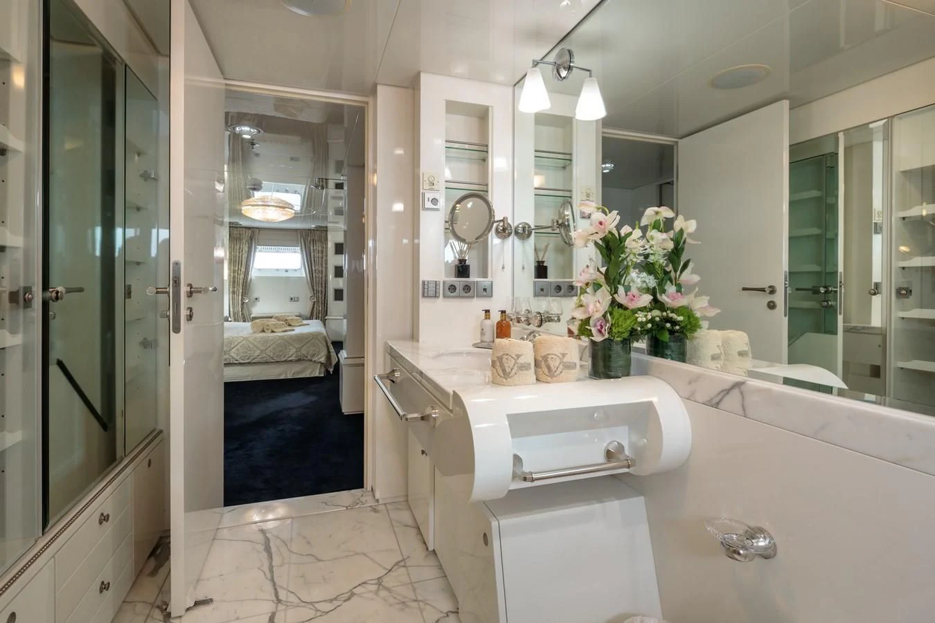 a bathroom with a sink and a mirror aboard VERA Yacht for Sale