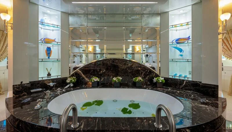 a large bathtub with a large stone in it aboard VERA Yacht for Sale