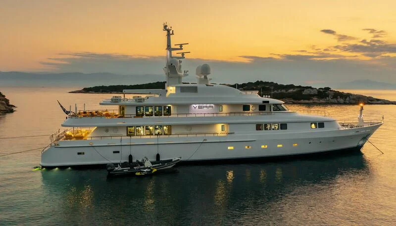 a large ship in the water aboard VERA Yacht for Sale