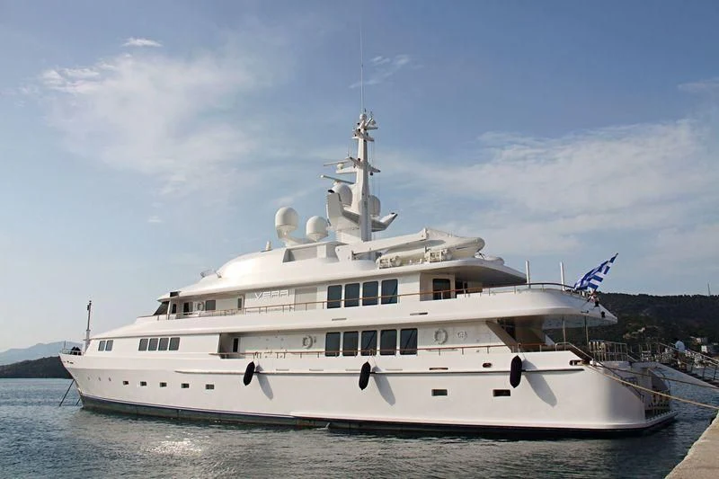 a large white boat on the water aboard VERA Yacht for Sale
