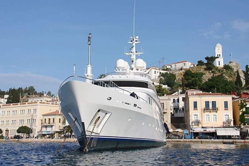 a large white boat in the water aboard VERA Yacht for Sale