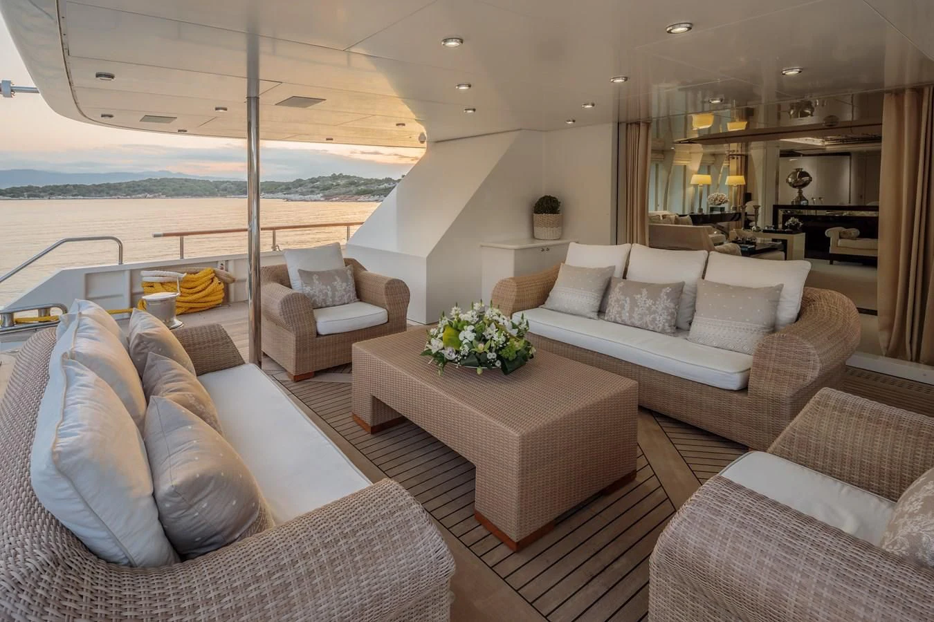a living room with a large window aboard VERA Yacht for Sale