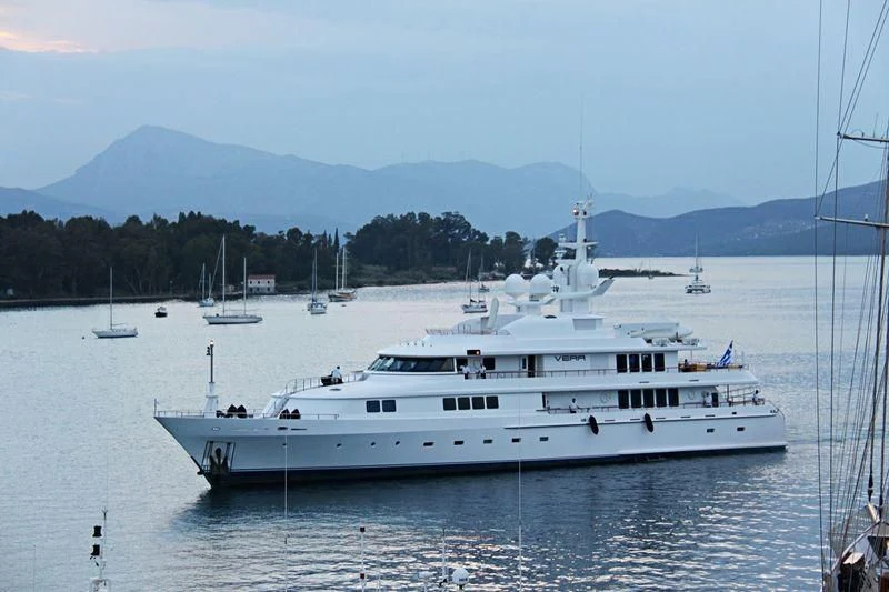 a large white yacht in the water aboard VERA Yacht for Sale