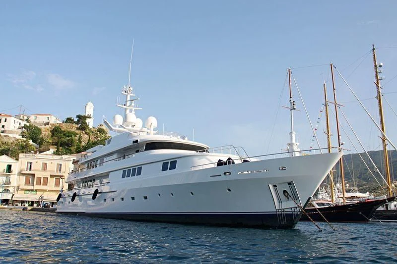a large white boat in the water aboard VERA Yacht for Sale