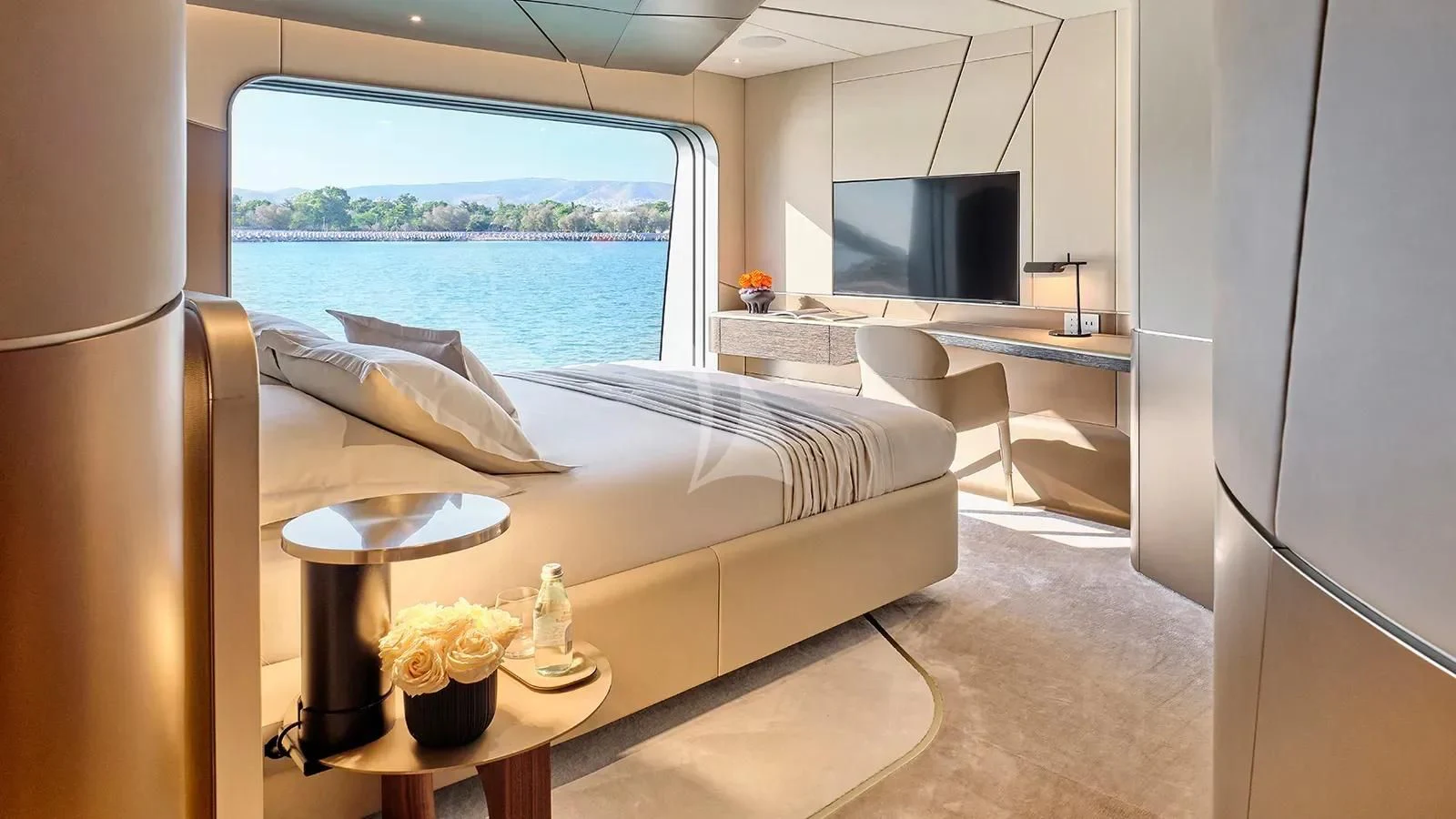 a room with a bed and a table aboard THIS IS IT I Yacht for Sale