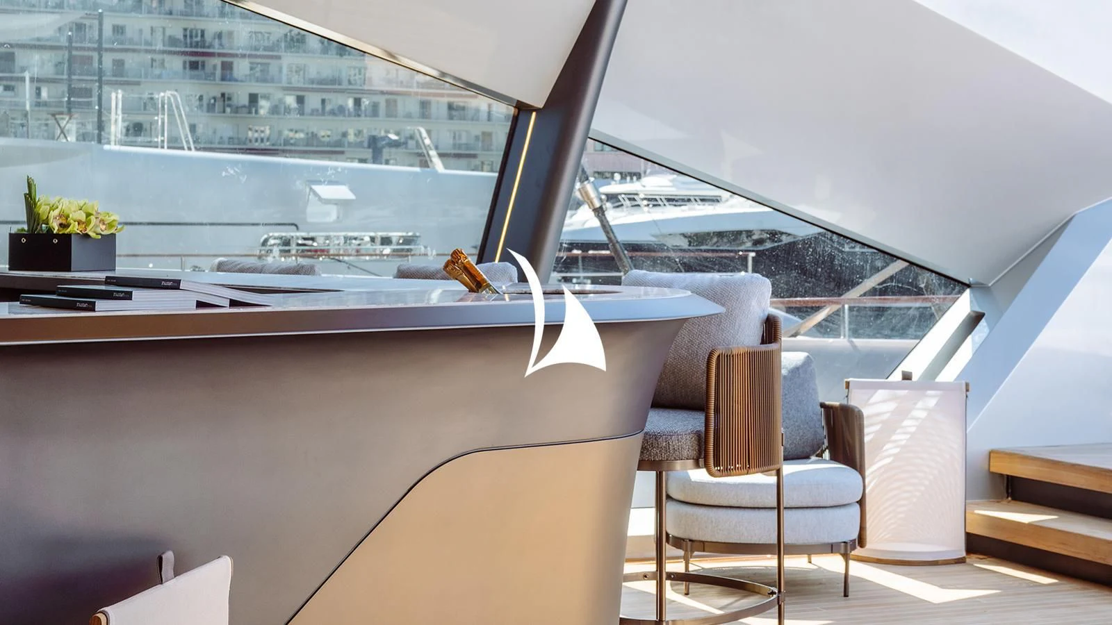 a room with a table and chairs aboard THIS IS IT I Yacht for Sale