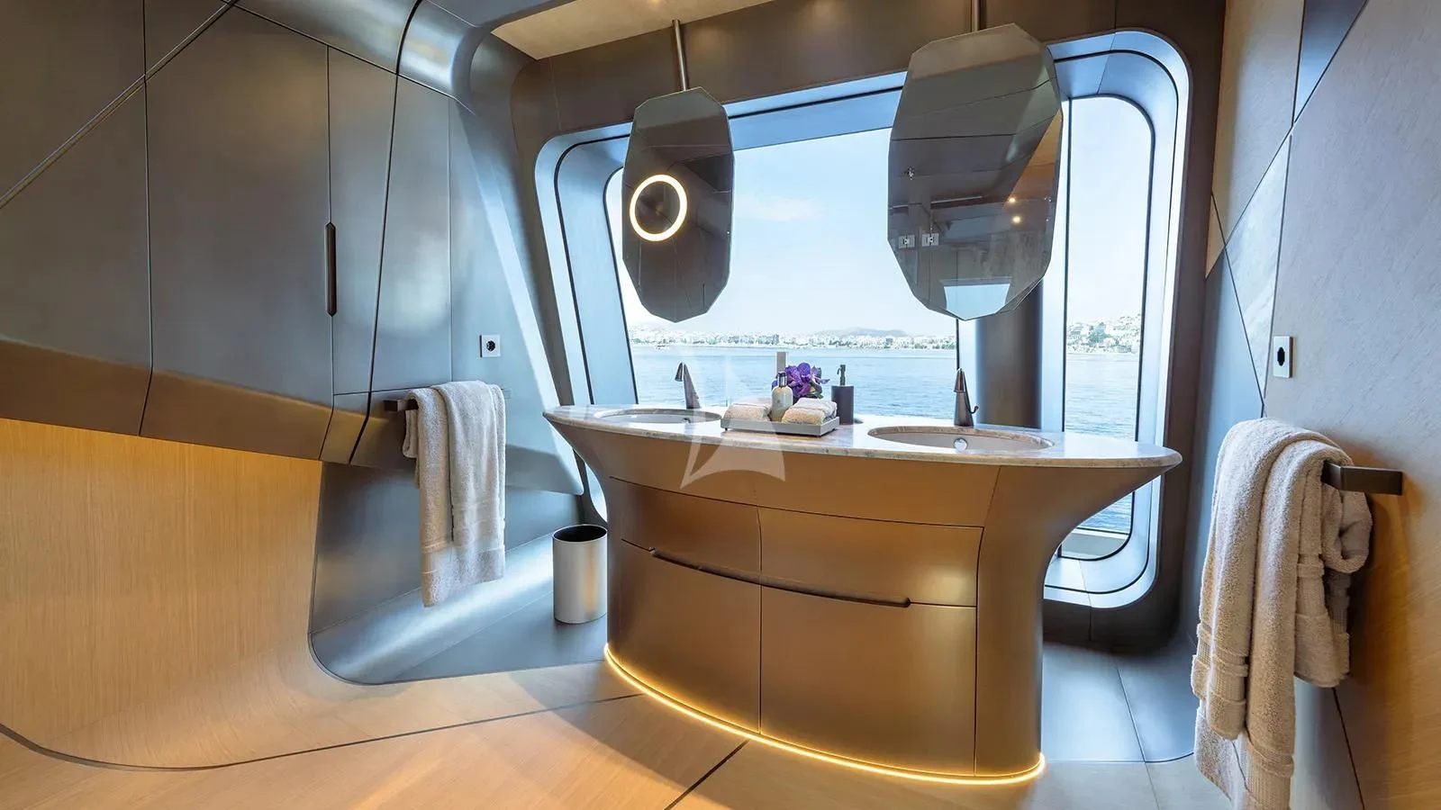 a bathroom with a sink and a mirror aboard THIS IS IT I Yacht for Sale