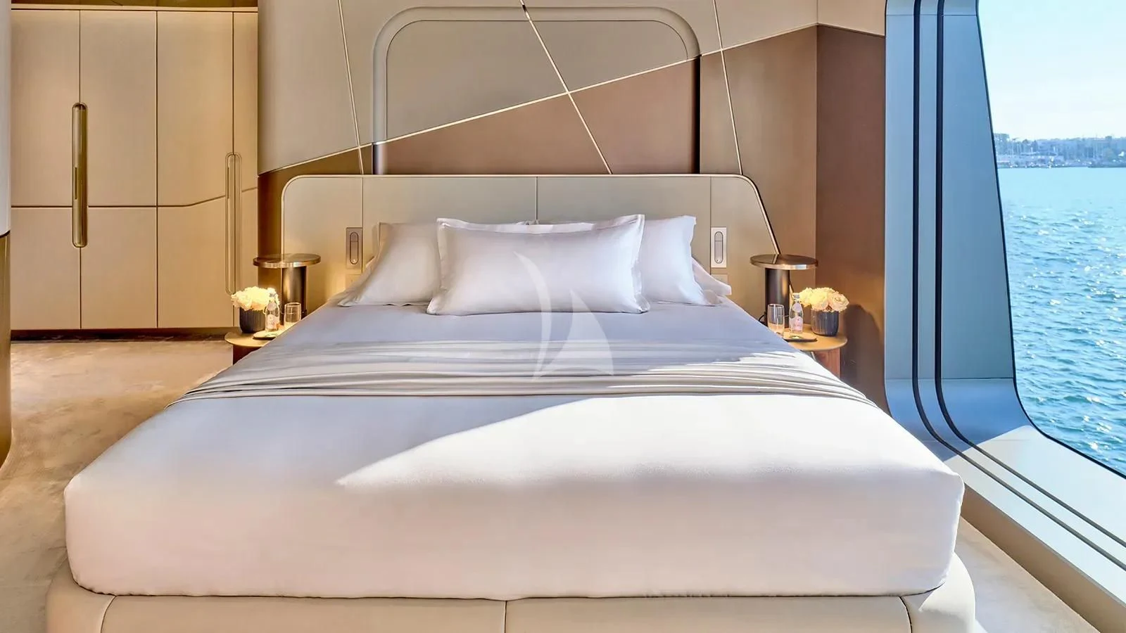 a bed with white sheets aboard THIS IS IT I Yacht for Sale