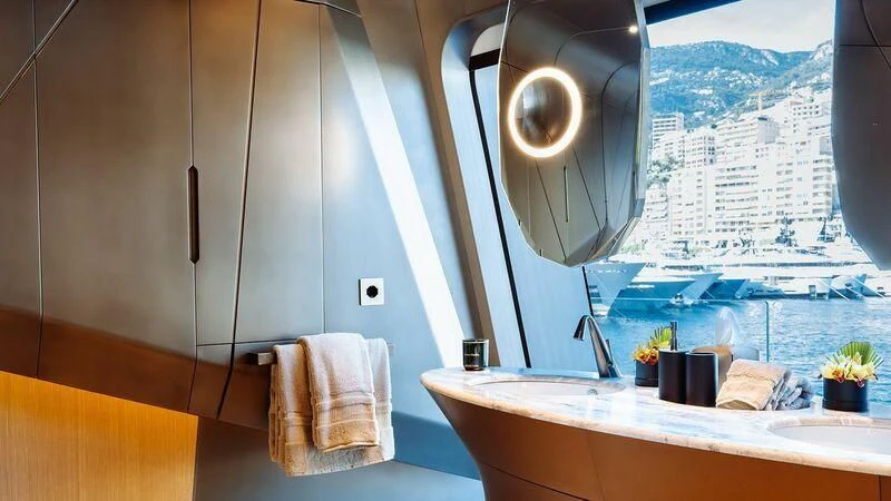 a bathroom with a large mirror aboard THIS IS IT I Yacht for Sale