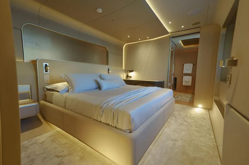 a bed in a room aboard THIS IS IT I Yacht for Sale